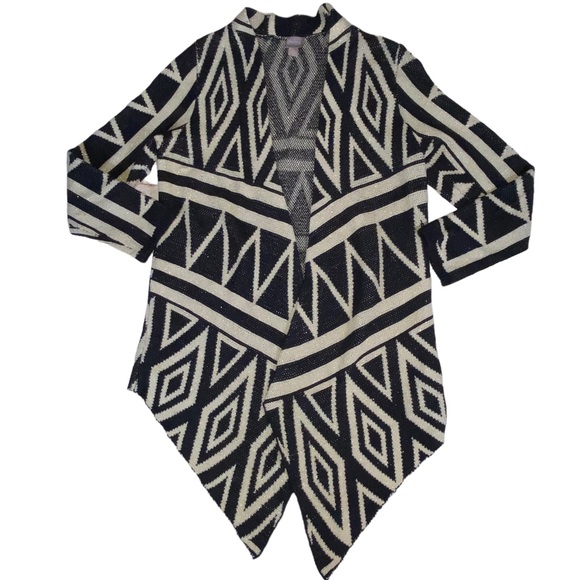 Chico's Black Gold Sparkle Open Asymmetric Geometric Tribal Cardigan 2 Large - Picture 2 of 13